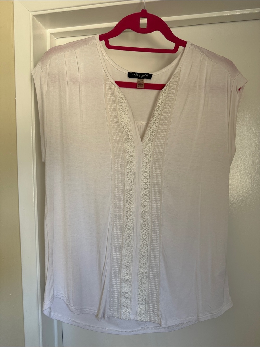 Cable & Gauge White Crochet-Trim V-Neck Blouse